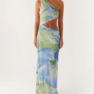 Green & Blue Floral One-Shoulder Cutout Maxi Dress
